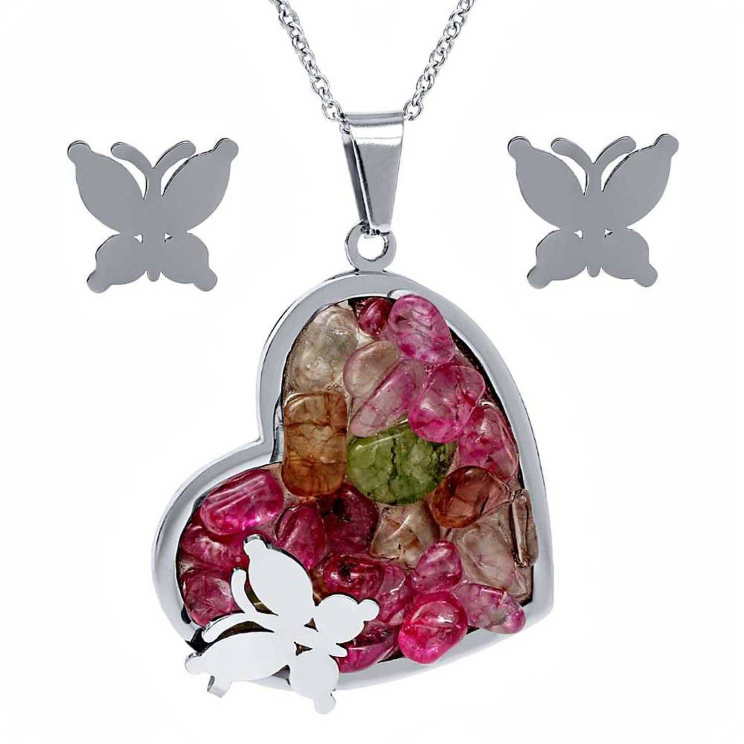 Gorgeous 2pc Bright Stone Heart Butterfly Pendant Set With Matching Earrings